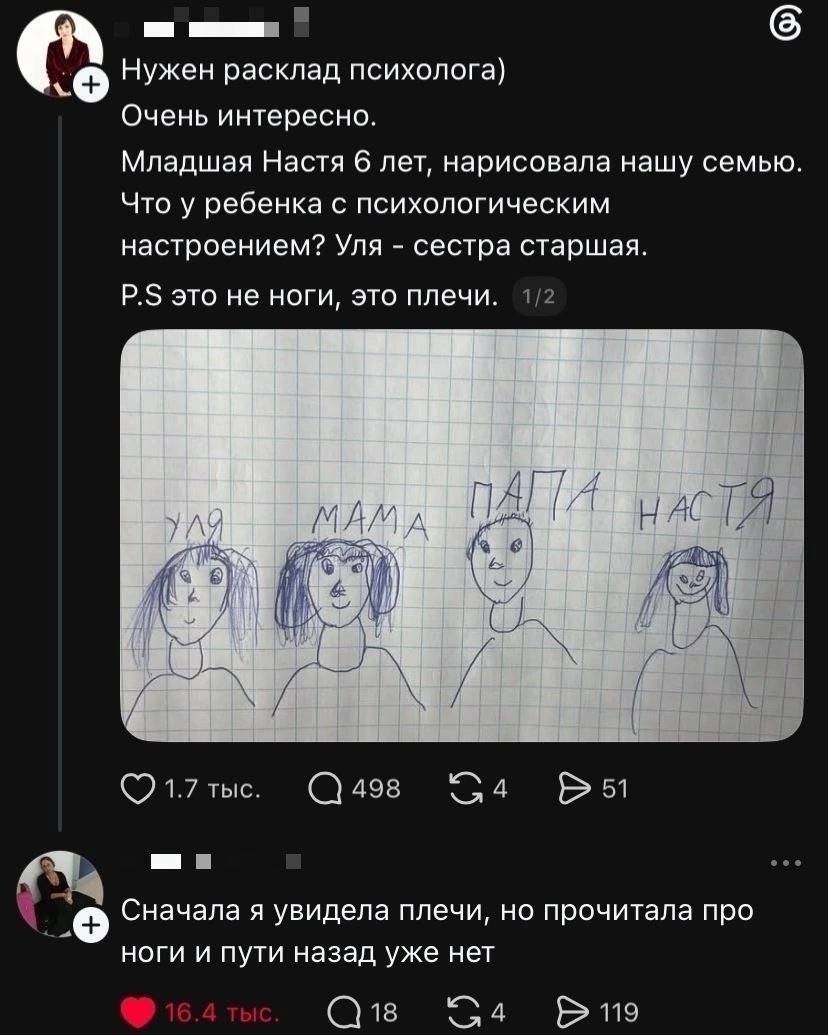 – Нужен расклад психолога. Очень интересно. Младшая Настя 6 лет, нарисовала нашу семью. Что у ребенка с психологическим настроением? Уля — сестра старшая. P.S это не ноги, это плечи.
– Сначала я увидела плечи, но прочитала про ноги и пути назад уже нет.