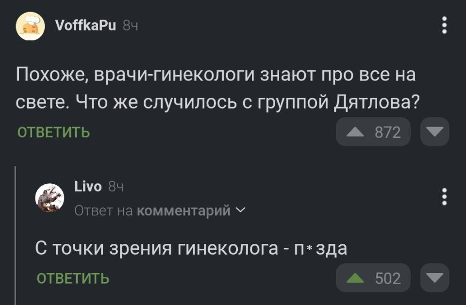– Похоже, врачи-гинекологи знают про все на свете. Что же случилось с группой Дятлова?
– С точки зрения гинеколога — п*зда.