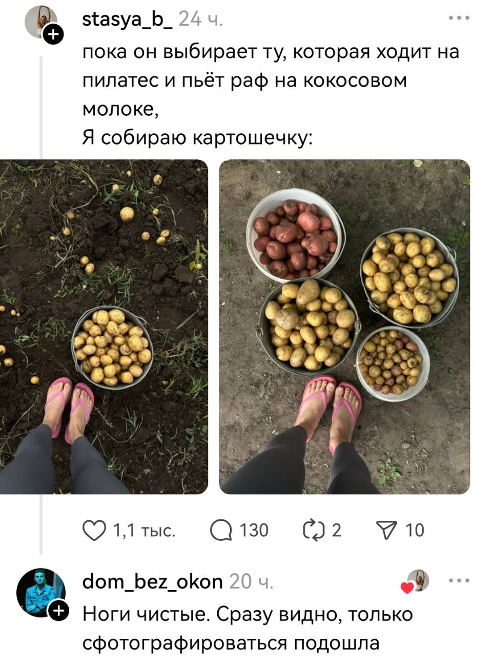 – Пока он выбирает ту, которая ходит на пилатес и пьёт раф на кокосовом молоке, я собираю картошечку.
– Ноги чистые. Сразу видно, только сфотографироваться подошла.