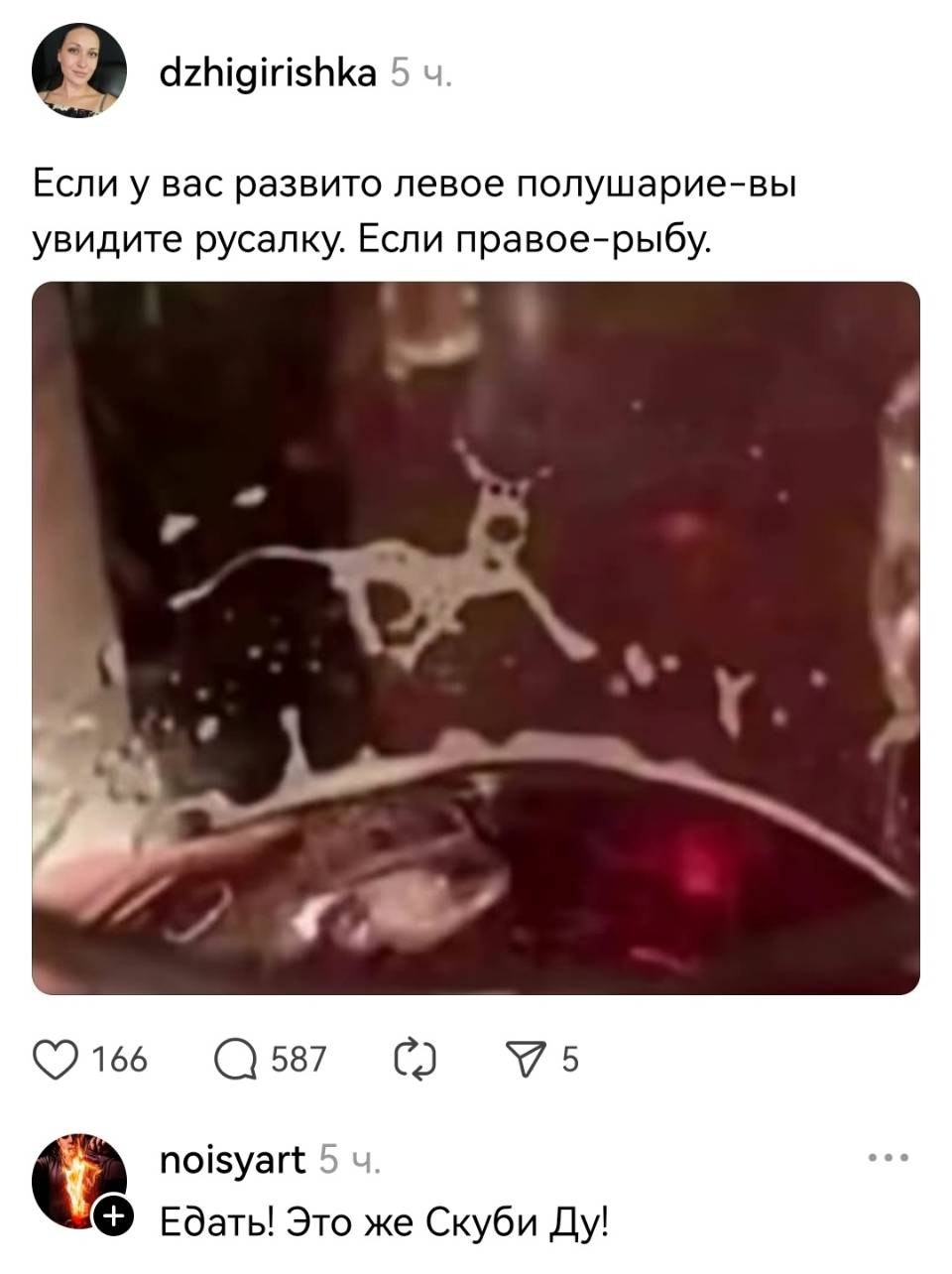 – Если у вас развито левое полушарие-вы увидите русалку. Если правое-рыбу. 
– Едать! Это же Скуби Ду!