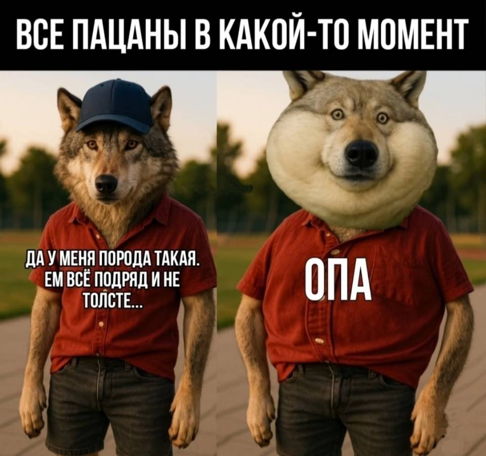 Все пацаны в какой-то момент:
– Да у меня порода такая. Ем всё подряд и не толстею...
– Опа...