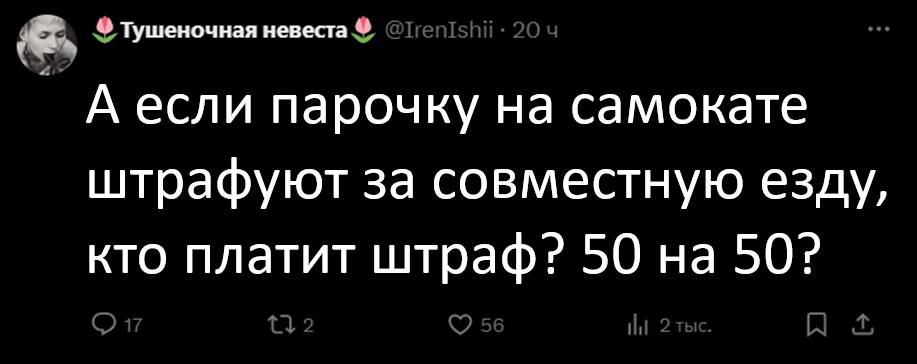 А если парочку на самокате штрафуют за совместную езду, кто платит штраф? 50 на 50?