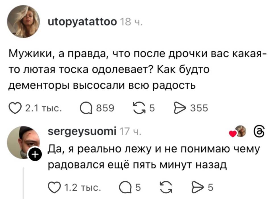 – Мужики, а правда, что после дрочки вас какая- то лютая тоска одолевает? Как будто дементоры высосали всю радость.
– Да, я реально лежу и не понимаю чему радовался ещё пять минут назад.