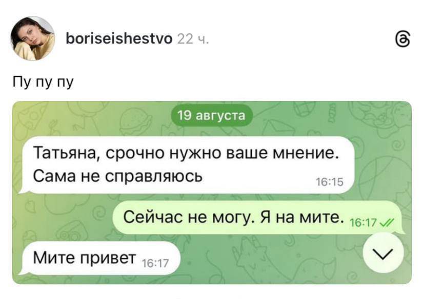 – Татьяна, срочно нужно ваше мнение. Сама не справляюсь.
– Сейчас не могу. Я на мите.
– Мите привет.