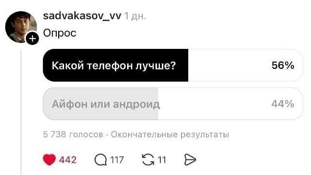 Опрос
Какой телефон лучше?
Айфон или андроид
5 738 голосов • Окончательные результаты | Тупые анекдоты | Странный юмор