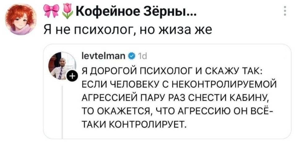 – Я ДОРОГОЙ ПСИХОЛОГ И СКАЖУ ТАК: ЕСЛИ ЧЕЛОВЕКУ С НЕКОНТРОЛИРУЕМОЙ АГРЕССИЕЙ ПАРУ РАЗ СНЕСТИ КАБИНУ, ТО ОКАЖЕТСЯ, ЧТО АГРЕССИЮ ОН ВСЁ- ТАКИ КОНТРОЛИРУЕТ.
– Я не психолог, но жиза же...