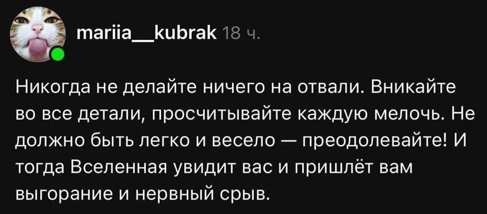 Никогда не делайте ничего на отвали. Вникайте во все детали, просчитывайте каждую мелочь. Не должно быть легко и весело — преодолевайте! И тогда Вселенная увидит вас и пришлёт вам выгорание и нервный срыв. | Работа