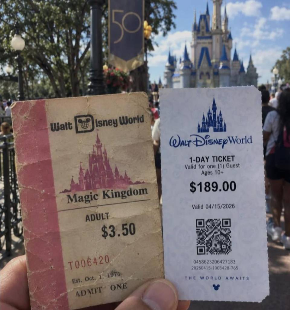 Инфляция в США. Слева — билет в Magic Kingdom 1971 года за $3.50: только вход, аттракционы оплачивались отдельно. Справа — современный дневной билет за $189.00. Но умалчивают, что такая цена была на момент открытия парка и только за вход, а за аттракционы нужно было платить отдельно.
