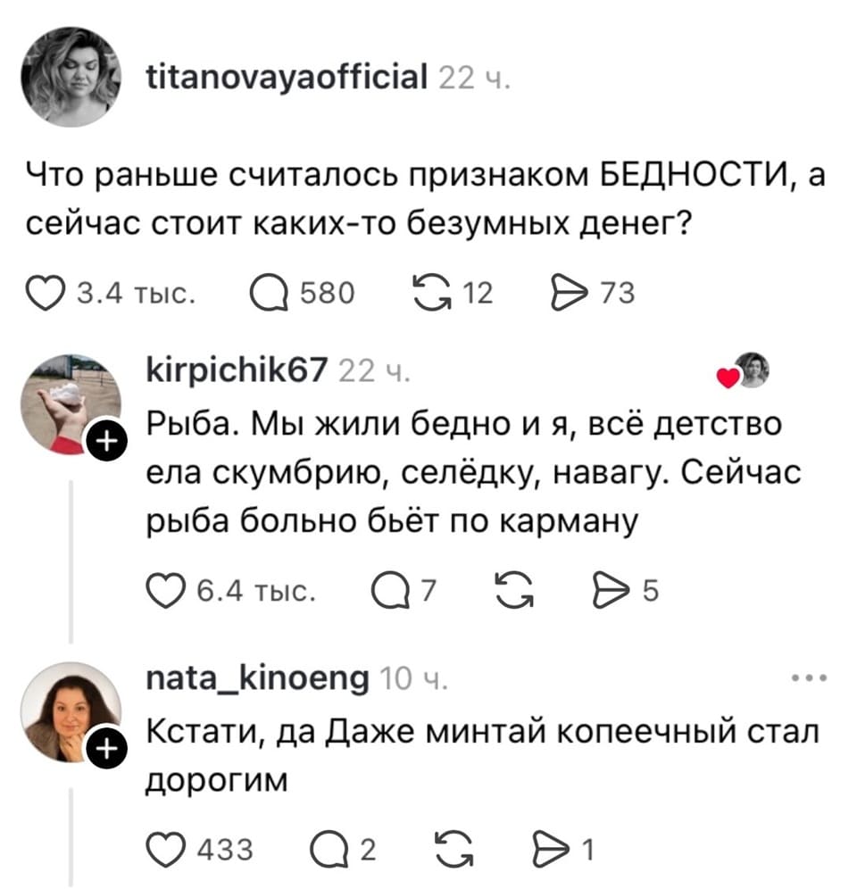 **titanovayaofficial** · 22 ч.

Что раньше считалось признаком БЕДНОСТИ, а сейчас стоит каких-то безумных денег?

❤ 3.4 тыс. 💬 580 🔁 12 ➤ 73

---

**kirpichik67** · 22 ч.

Рыба. Мы жили бедно и я, всё детство ела скумбрию, селёдку, навагу. Сейчас рыба больно бьёт по карману

❤ 6.4 тыс. 💬 7 🔁 ➤ 5

---

**nata_kinoeng** · 10 ч.

Кстати, да Даже минтай копеечный стал дорогим

❤ 433 💬 2 🔁 ➤ 1 | Продавец | Покупатель