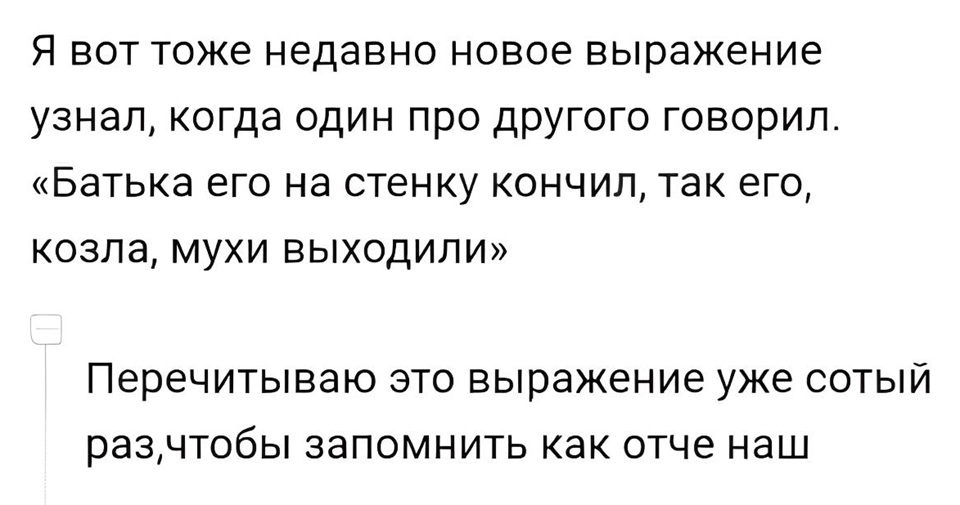 Я вот тоже недавно новое выражение узнал, когда один про другого говорил.
«Батька его на стенку кончил, так его, козла, мухи выходили»
> Перечитываю это выражение уже сотый раз, чтобы запомнить как отче наш.