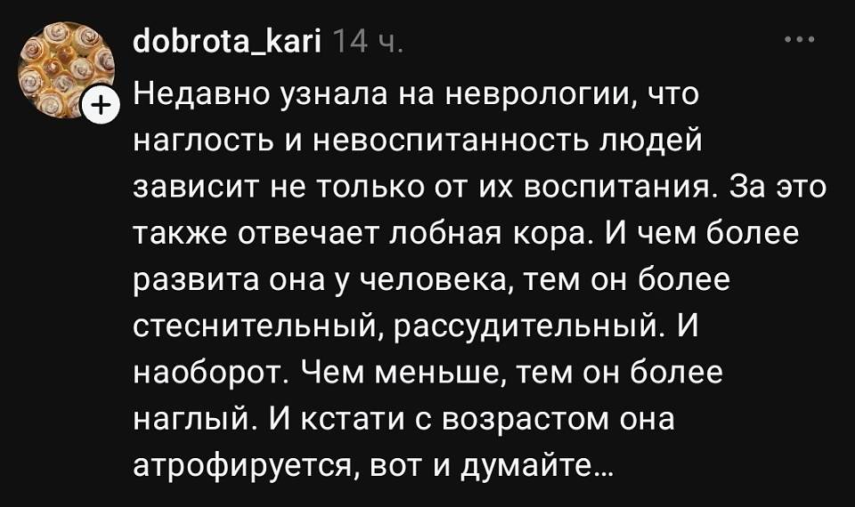 Недавно узнала на неврологии, что наглость и невоспитанность людей зависит не только от их воспитания. За это также отвечает лобная кора. И чем более развита она у человека, тем он более стеснительный, рассудительный. И наоборот. Чем меньше, тем он более наглый. И кстати с возрастом она атрофируется, вот и думайте…