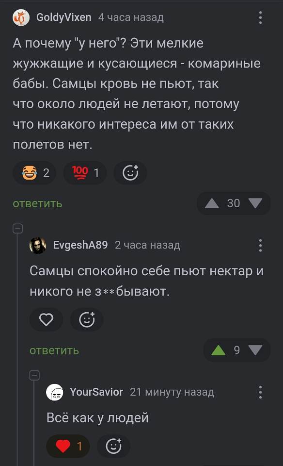 **GoldyVixen** (4 часа назад):
А почему «у него»? Эти мелкие жужжащие и кусающиеся — комариные бабы. Самцы кровь не пьют, так что около людей не летают, потому что никакого интереса им от таких полетов нет.
👍😂 2 · 💯 1 · ▲ 30

**EvgeshA89** (2 часа назад):
Самцы спокойно себе пьют нектар и никого не з**бывают.
❤️ · ▲ 9

**YourSavior** (21 минуту назад):
Всё как у людей
❤️ 1