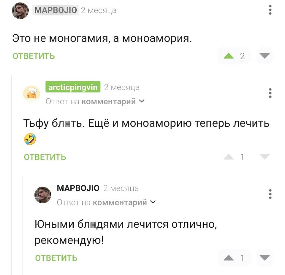 – Это не моногамия, а моноамория.
– Тьфу, бл▮ть. Ещё и моноаморию теперь лечить. 😂
– Юными бл▮дями лечится отлично, рекомендую!