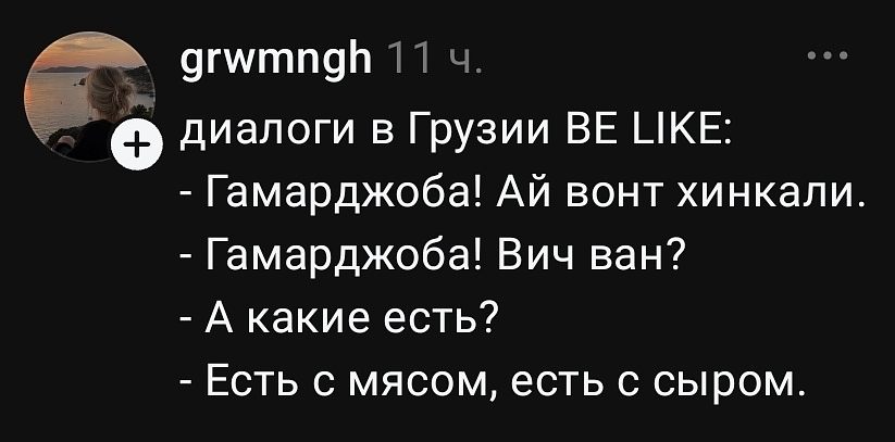 Диалоги в Грузии be like:
— Гамарджоба! Ай вонт хинкали.
— Гамарджоба! Вич ван?
— А какие есть?
— Есть с мясом, есть с сыром.