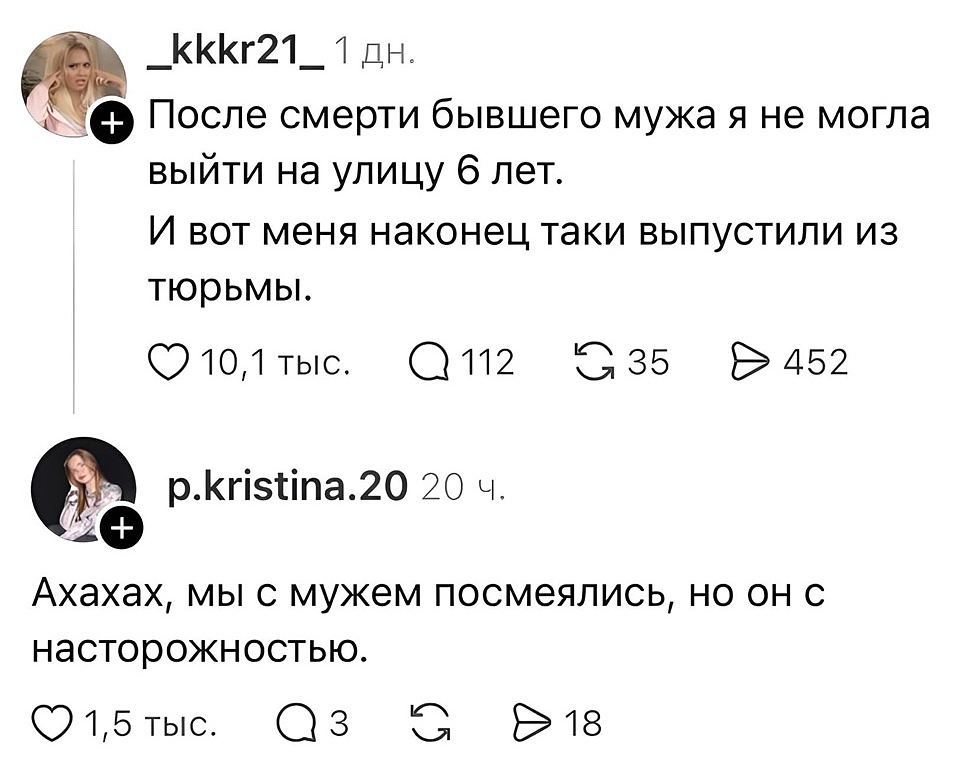 — После смерти бывшего мужа я не могла выйти на улицу 6 лет. И вот меня наконец таки выпустили из тюрьмы. <br /> — Ахахах, мы с мужем посмеялись, но он с настороженностью.