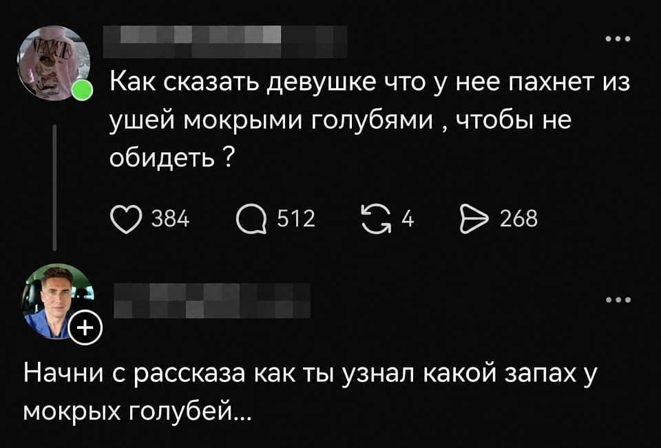 – Как сказать девушке, что у неё пахнет из ушей мокрыми голубями, чтобы не обидеть?
– Начни с рассказа, как ты узнал, какой запах у мокрых голубей.