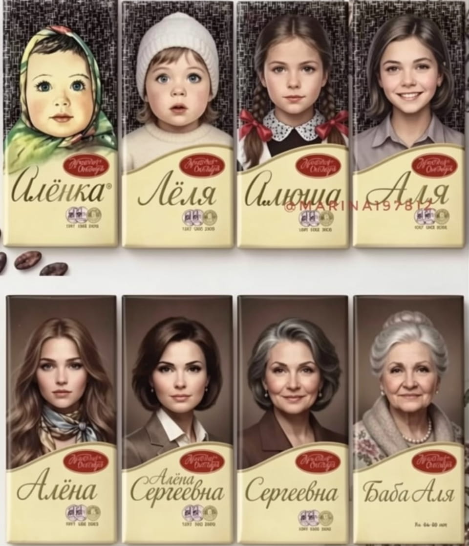 Алёна Алёна Сергеевна Сергеевна Баба Аля Алёна Алёна Сергеевна Сергеевна Баба Аля

Мем, представляющий 8 пачек шоколадки «Алёнка» с Уровни возраста девушки от младенца до пожилой женщины. В верхнем ряду дети — «Аленка», «Леля», «Люша», «Аля». В нижнем — их взрослые версии: «Аляна», «Алёна Сергеевна», «Сергеевна», «Бабушка Аля». Логотип и дизайн пачек сохранены.