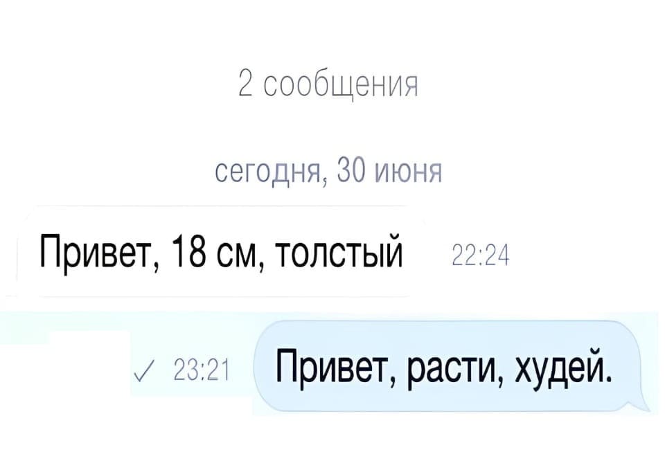 Привет, 18 см, толстый Привет, расти, худей.

Это скриншот переписки в мессенджере, где один человек отправил сообщение «Привет, 18 см, толстый», а другой ответил «Привет, расти, худей». Сообщения датированы 30 июня, с временными метками 22:24 и 23:21 соответственно. Диалог подразумевает обсуждение физических параметров участников беседы, возможно, в шутливой манере.