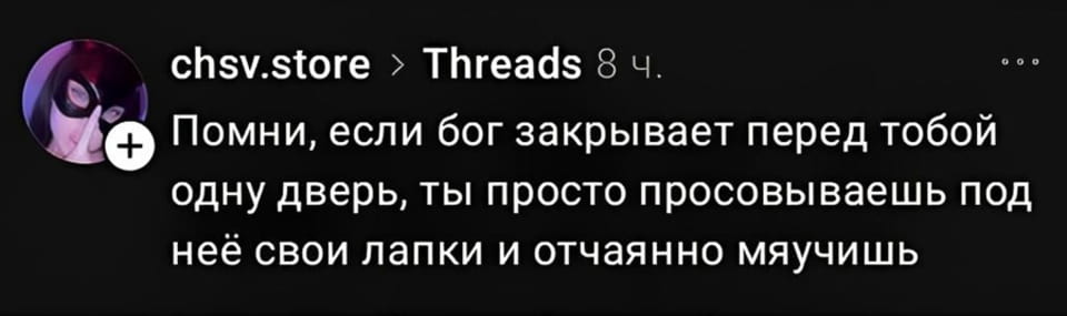 Помни, если бог закрывает перед тобой одну дверь, ты просто просовываешь под неё свои лапки и отчаянно мяучишь

Скриншот поста в Threads от chsv.store. Пост содержит текстовое сообщение: «Помни, если бог закрывает перед тобой одну дверь, ты просто просовываешь под неё свои лапки и отчаянно мяучишь». Фон чёрный, текст белый, профиль аватар с маской. Это явно подражание известной фразе о сборе на вдохновение или сарказм.