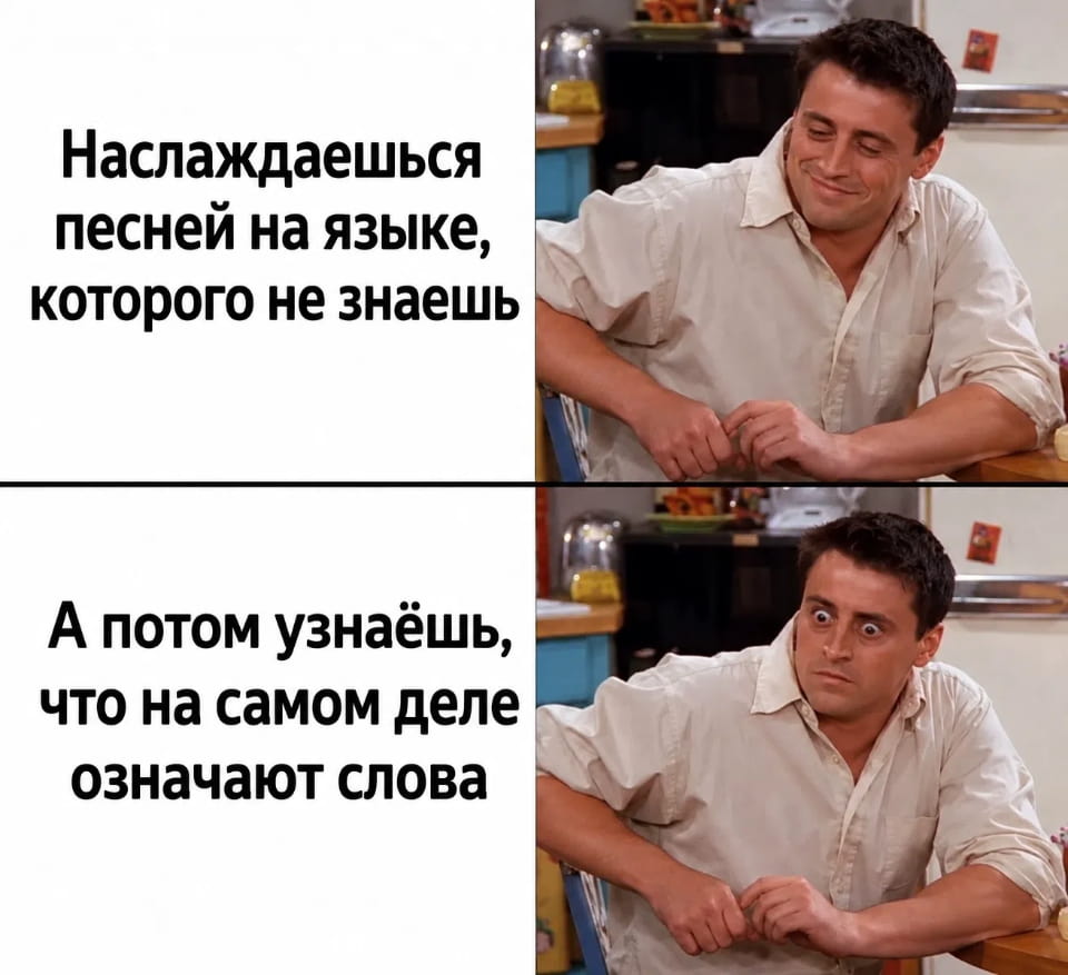 Наслаждаешься песней на языке, которого не знаешь А потом узнаёшь, что на самом деле означают слова

Мем с двумя частями: сверху мужчина улыбается, под текстом «Наслаждаешься песней на языке, которого не знаешь». Внизу он удивлён, под надписью «А потом узнаёшь, что на самом деле означают слова». Фон кухня, белая рубашка, выражения лица меняются.