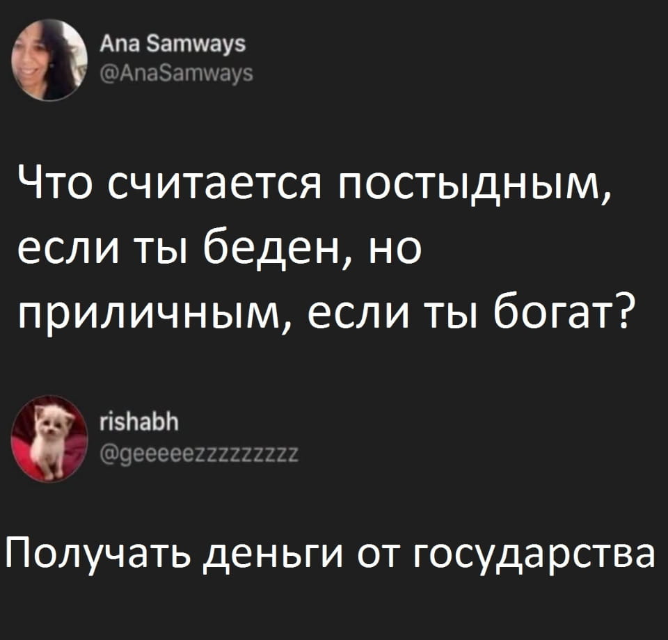 Ana Samways @AnaSamways Что считается постыдным, если ты беден, но приличным, если ты богат? rishabh @geeeeezzzzzZZZZ Получать деньги от государства

Скриншот переписки в социальной сети Twitter на темном фоне. Первый пользователь, Ana Samways, задает вопрос: «Что считается постыдным, если ты беден, но приличным, если ты богат?». Второй пользователь, rishabh, с аватаркой милого щенка, отвечает: «Получать деньги от государства».