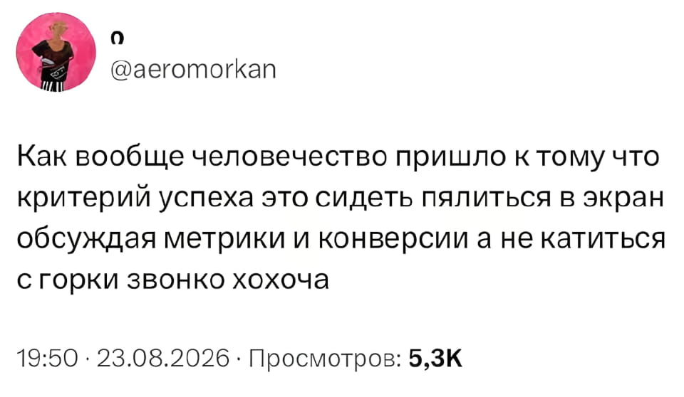 @aeromorkan Как вообще человечество пришло к тому что критерий успеха это сидеть пялиться в экран обсуждая метрики и конверсии а не катиться с горки звонко хохоча <br /><br /> Скриншот соцсети, пользователь @aeromorkan делится мыслями о том, почему для многих критерий успеха — это обсуждение метрик и конверсий вместо простых радостей жизни, таких как катание с горки. Фон белый, аватар круглый с розовым оттенком. Дата поста: 23.08.2026, время: 19:50, просмотров: 5,3K.