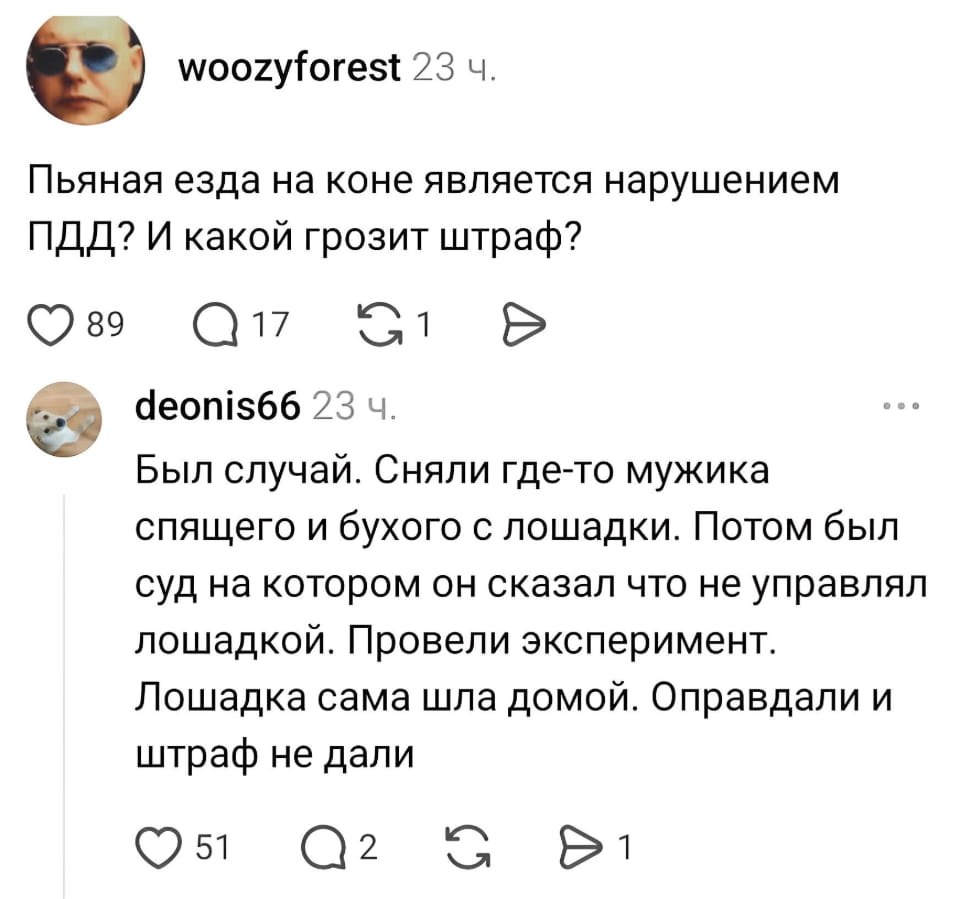 Пьяная езда на коне является нарушением ПДД? И какой грозит штраф? Был случай. Сняли где-то мужика спящего и бухого с лошадки. Потом был суд на котором он сказал что не управлял лошадкой. Провели эксперимент. Лошадка сама шла домой. Оправдали и штраф не дали

Скриншот переписки в соцсети на белом фоне. Пользователь woozyforest спрашивает, является ли пьяная езда на коне нарушением ПДД и какой грозит штраф. Внизу пользователь deonis66 отвечает, что был случай, когда пьяного спящего мужика сняли с лошади, но на суде он сказал, что не управлял животным. Эксперимент показал, что лошадь сама шла домой, и его оправдали, не выписав штраф. Под каждым постом есть иконки лайка, комментария, репоста и отправки.