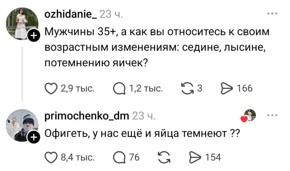 — Мужчины 35+, а как вы относитесь к своим возрастным изменениям: седине, лысине, потемнению яичек? <br /> — Офигеть, у нас ещё и яйца темнеют ?? <br /><br /> (Скриншот поста из социальной сети, где пользователь под ником «ozhidanie_» спрашивает мужчин 35+ об их отношении к возрастным изменениям, таким как седина, лысина и потемнение яичек. В ответ на это пользователь «primochenko_dm» удивлённо комментирует: «Офигеть, у нас ещё и яйца темнеют ??». Под первым постом 2,9 тыс. лайков, 1,2 тыс. комментариев, 3 репоста и 166 сохранений. Под вторым 8,4 тыс. лайков, 76 комментариев и 154 сохранения.)