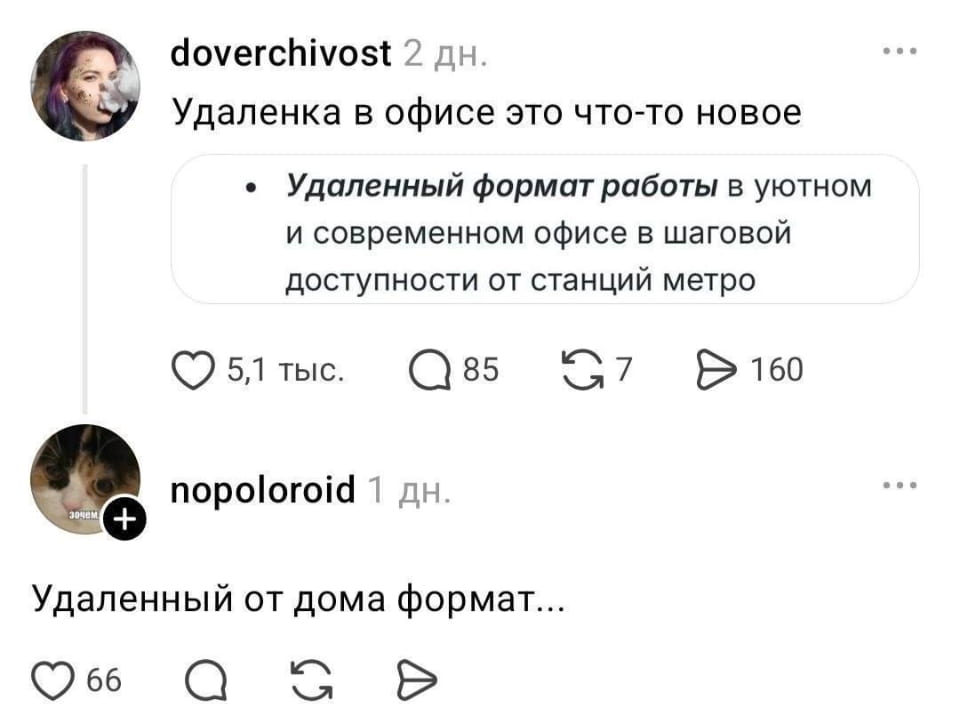 — Удаленка в офисе это что-то новое Удаленный формат работы в уютном и современном офисе в шаговой доступности от станций метро
— Удаленный от дома формат...

— Скриншот из социальной сети, предположительно VK или другой подобной платформы, где пользователь doverchivost постит фразу «Удаленка в офисе это что-то новое». Ниже приведён скриншот текста с описанием «Удаленный формат работы в уютном и современном офисе в шаговой доступности от станций метро». Под постом видно лайки (5,1 тыс.), комментарии (85), репосты (7) и просмотры (160). Затем идёт комментарий от пользователя nopoloroid: «Удаленный от дома формат...», который также собрал 66 лайков.