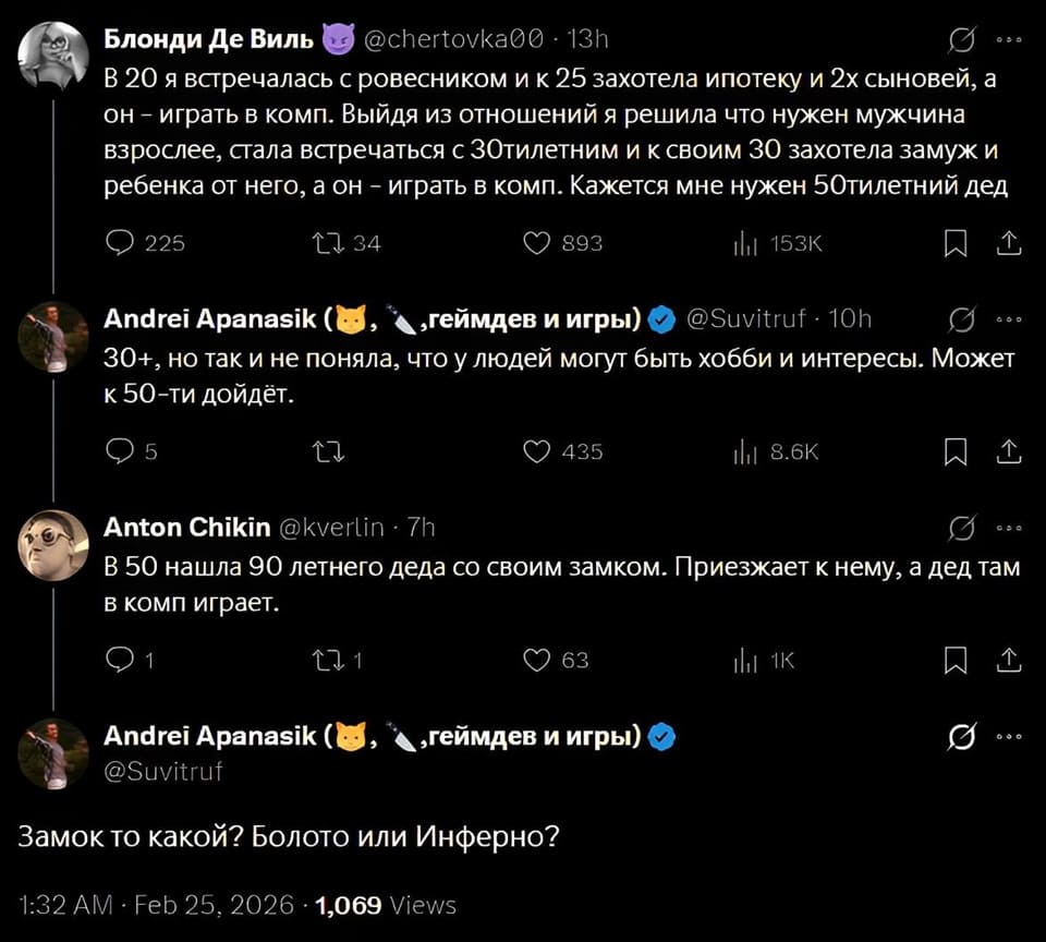Блонди Де Виль @chertovka00 · 13h В 20 я встречалась с ровесником и к 25 захотела ипотеку и 2х сыновей, а он — играть в комп. Выйдя из отношений я решила что нужен мужчина взрослее, стала встречаться с 30тилетним и к своим 30 захотела замуж и ребенка от него, а он играть в комп. Кажется мне нужен 50тилетний дед Andrei Apanasik (🐈, 🔪, геймдев и игры) @Suvitruf · 10h 30+, но так и не поняла, что у людей могут быть хобби и интересы. Может к 50-ти дойдёт. Anton Chikin @kverlin · 7h В 50 нашла 90 летнего деда со своим замком. Приезжает к нему, а дед там в комп играет. Andrei Apanasik (🐈, 🔪, геймдев и игры) @Suvitruf Замок то какой? Болото или Инферно?

Скриншот ветки комментариев из социальной сети (предположительно X/Twitter) на черном фоне. Первый пост от «Блонди Де Виль» о поиске мужчины, который не играет в комп. Далее идут комментарии: «Andrei Apanasik» критикует автора за непонимание хобби, а «Anton Chikin» рассказывает историю про 90-летнего деда с замком, который тоже играет в комп. Заканчивается ветка вопросом от «Andrei Apanasik»: «Замок то какой? Болото или Инферно?».