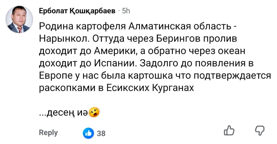 — Родина картофеля Алматинская область — Нарынкол. Оттуда через Берингов пролив доходит до Америки, а обратно через океан доходит до Испании. Задолго до появления в Европе у нас была картошка что подтверждается раскопками в Есикских Курганах.

Описание картинки:
Комментарий о родине картофеля и его маршруте по миру. | Иностранцы