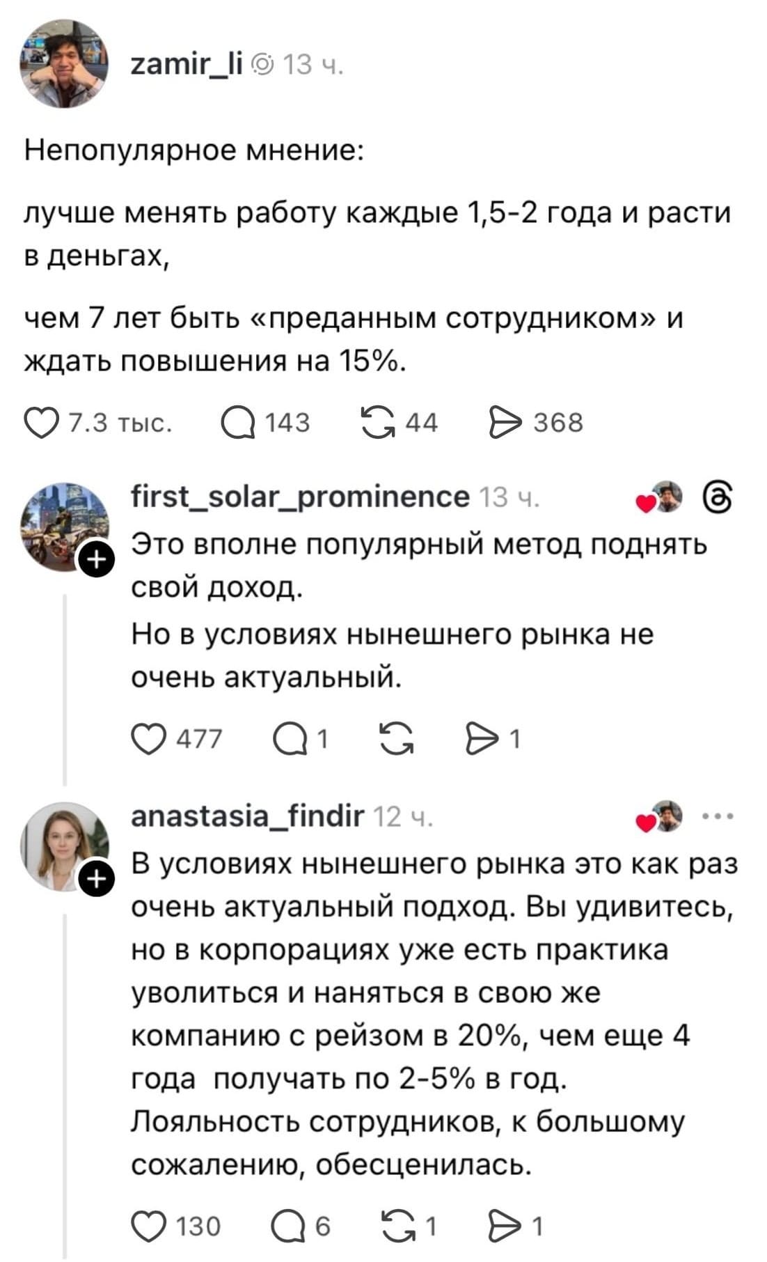 — Непопулярное мнение: лучше менять работу каждые 1,5-2 года и расти в деньгах, чем 7 лет быть «преданным сотрудником» и ждать повышения на 15%. <br /> — Это вполне популярный метод поднять свой доход. Но в условиях нынешнего рынка не очень актуальный. <br /> — В условиях нынешнего рынка это как раз очень актуальный подход. Вы удивитесь, но в корпорациях уже есть практика увольняться и наниматься в свою же компанию с рейзом в 20%, чем ещё 4 года получать по 2-5% в год. Лояльность сотрудников, к большому сожалению, обещалась. <br /><br /> Описание картинки: <br /> Обсуждения о смене работы для повышения дохода.