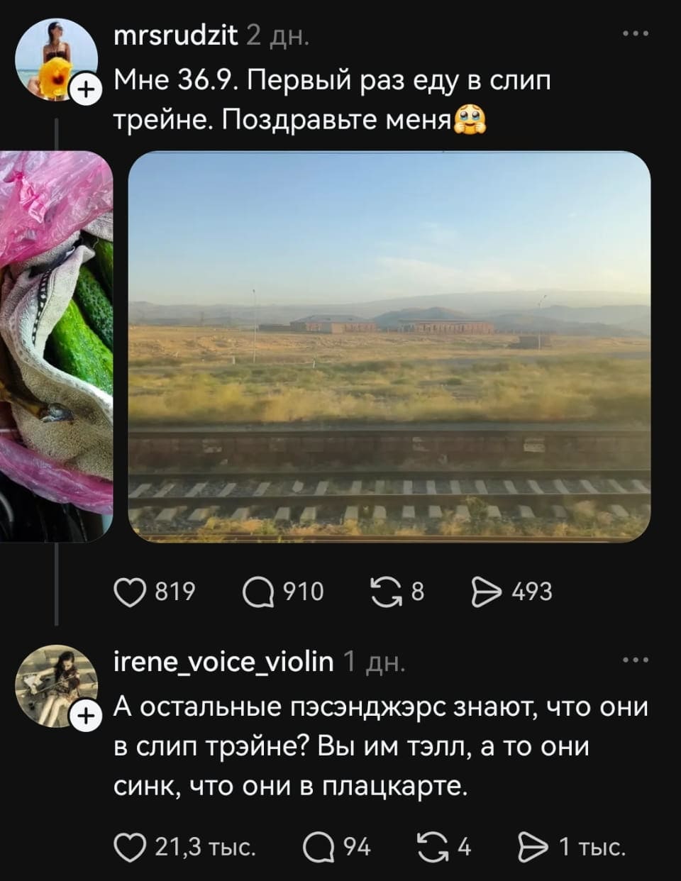 — Мне 36.9. Первый раз еду в слип трейне. Поздравьте меня. <br /> — А остальные пэсэнджэрс знают, что они в слип трэйне? Вы им тэлл, а то они синк, что они в плацкарте. <br /><br /> Описание картинки: <br /> Переписки о поездке в слепом вагоне.