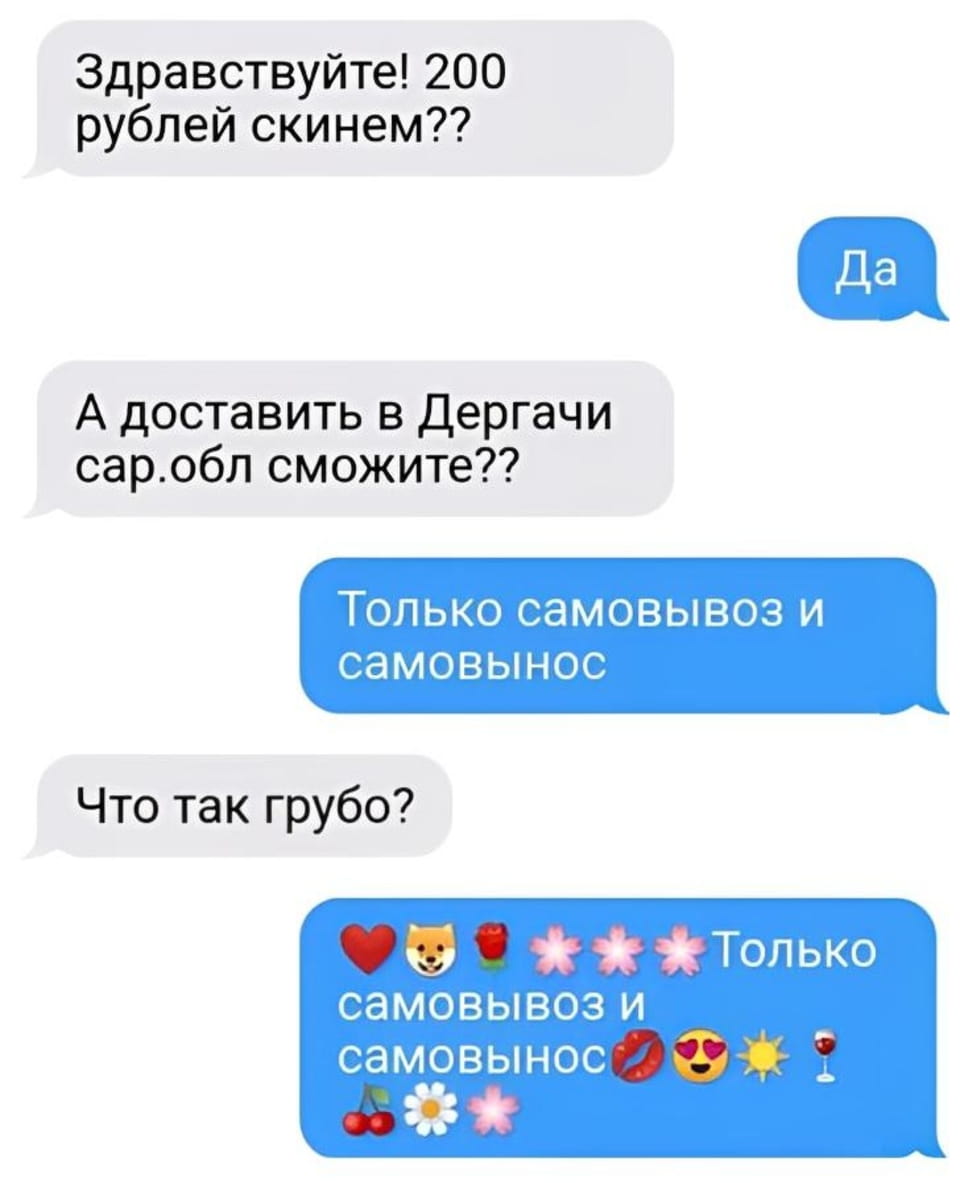 — Здравствуйте! 200 рублей скинем? Да.
— А доставить в Дергачи сар. Обл сможете?
— Только самовывоз и самовынос. Что так грубо? ❤️🐱🌹🌸Только самовывоз и самовынос💋😍☀️🍷🌼🌸

Описание картинки:
Переписки в мессенджере о доставке товаров. | Продавец | Покупатель