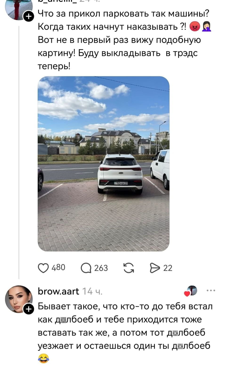 — Что за прикол парковать так машины? Когда таких начнут наказывать! Вот не в первый раз вижу подобную картину! Буду выкладывать в трэдс теперь!
— Бывает такое, что кто-то до тебя встал как д*лбоеб и тебе приходится тоже вставать так же, а потом тот д*лбоеб уезжает и остаёшься один ты д*лбоеб.

Описание картинки:
Переписки о неправильной парковке автомобиля.