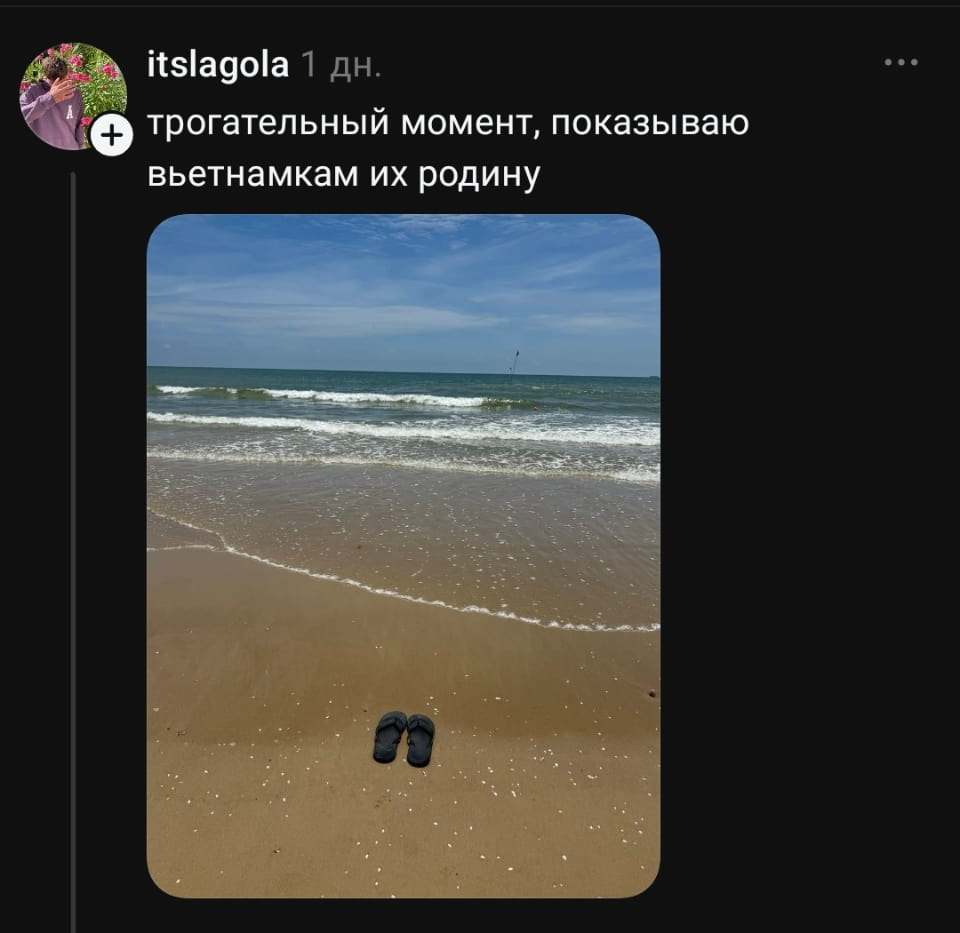 Трогательный момент, показываю вьетнамкам их родину <br /><br /> Описание картинки: <br /> Кадр с пляжем, на котором стоят шлепанцы. | Иностранцы