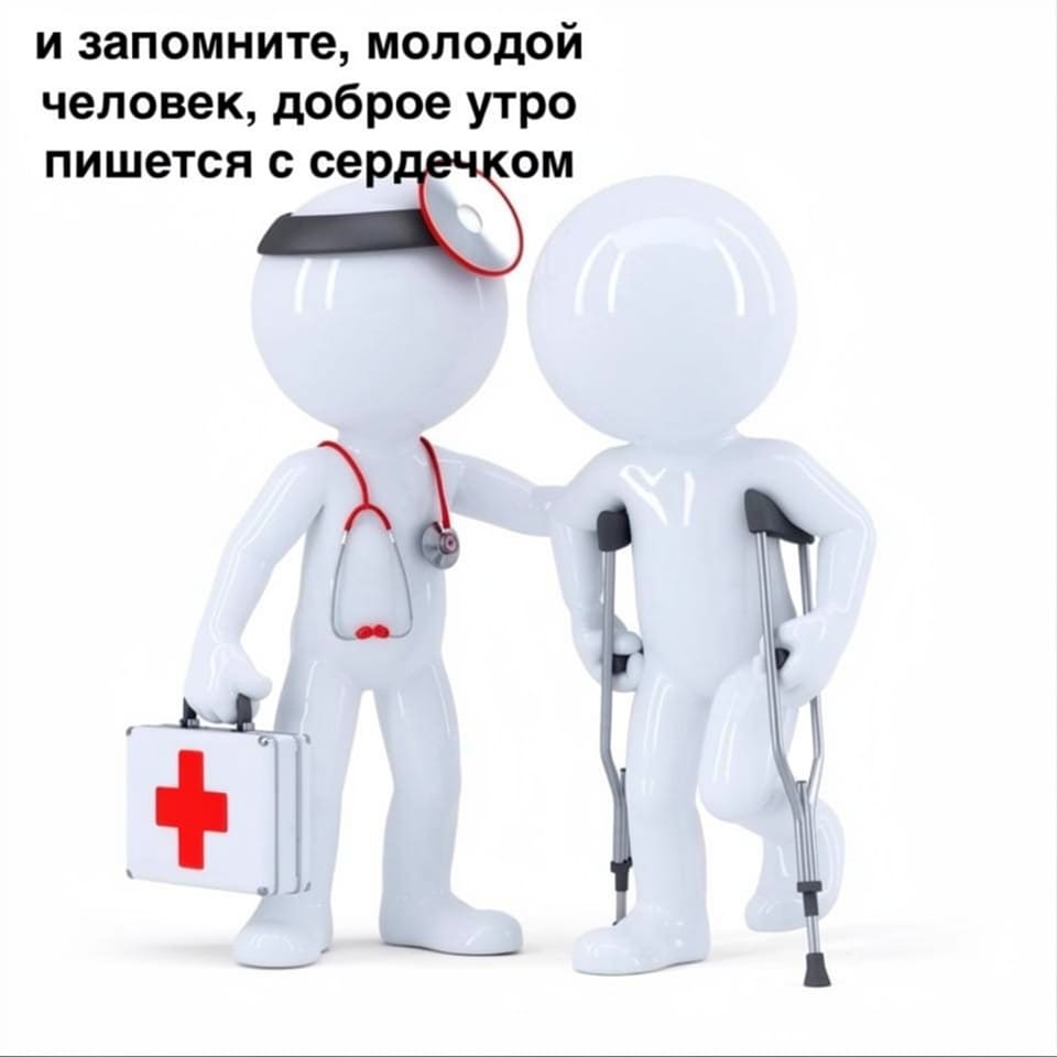 — И запомните, молодой человек, доброе утро пишется с сердечком.

Описание картинки:
Мультяшные персонажи: врач с медицинским чемоданом и пациент на костылях.