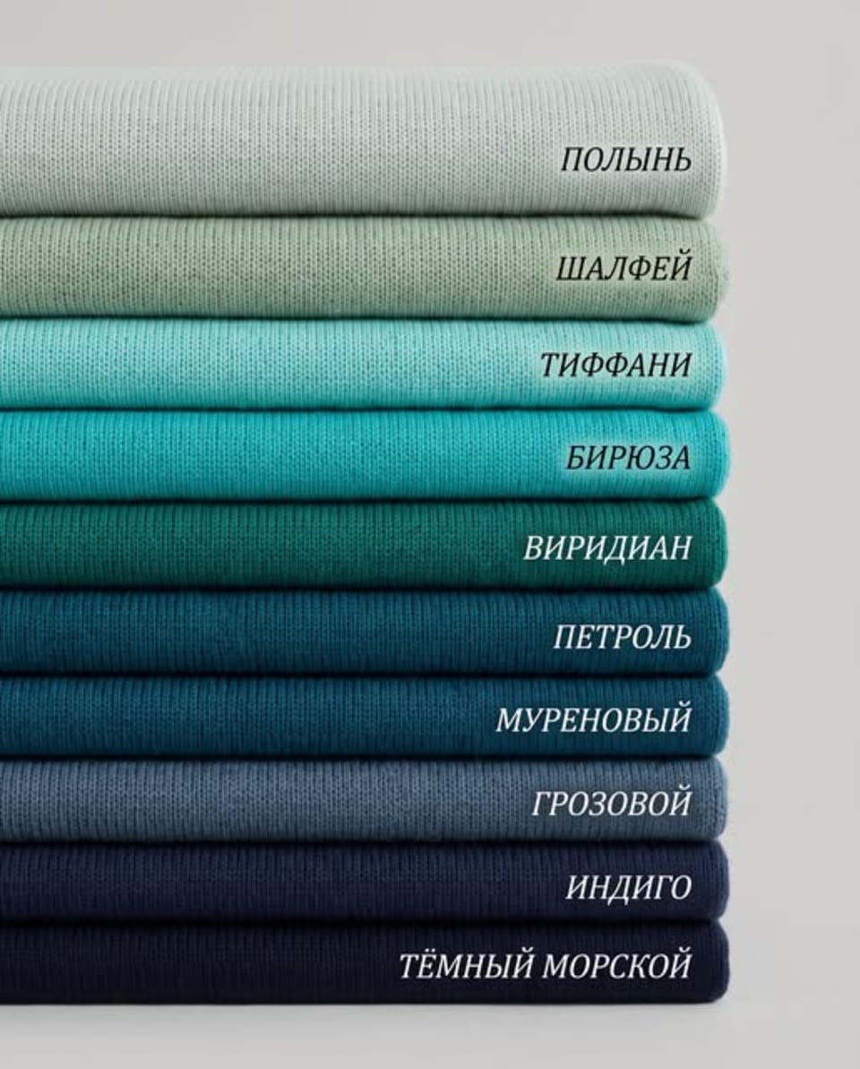 ПОЛЫНЬ ШАЛФЕЙ ТИФФАНИ БИРЮЗА ВИРИДИАН ПЕТРОЛЬ МУРЕНОВЫЙ ГРОЗОВОЙ ИНДИГО ТЁМНЫЙ МОРСКОЙ 

Описание картинки: 
Ряд тканей разных оттенков с названиями на русском языке.