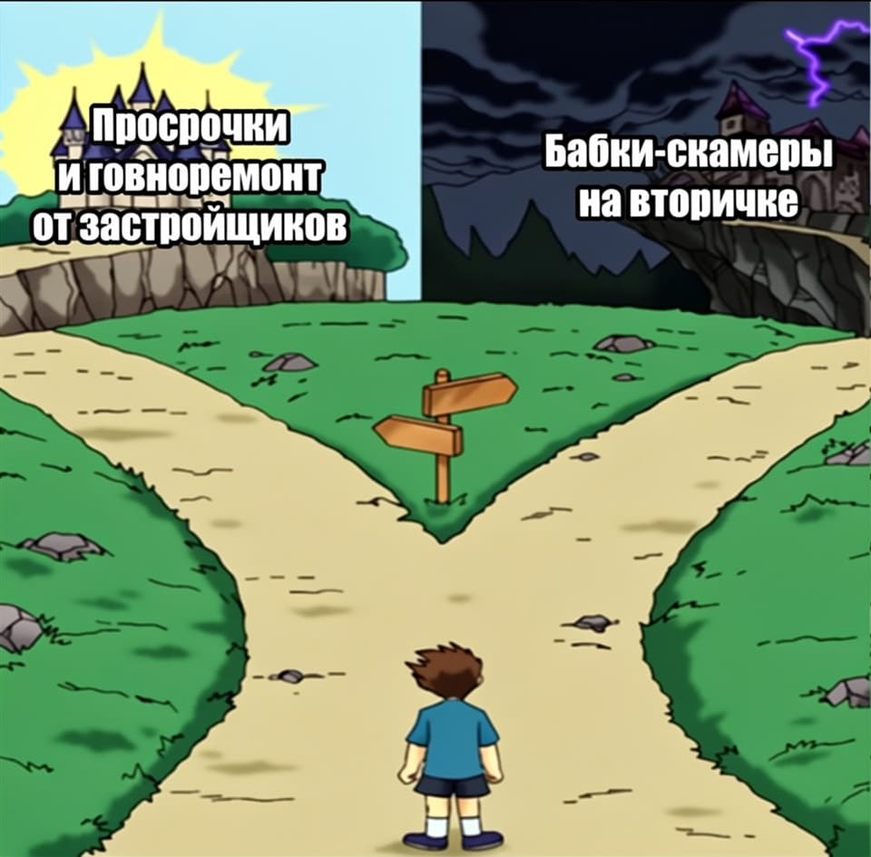 Просрочки и г*вноремонт от застройщиков 
Бабки-скамеры на вторичке 

Описание картинки: 
Мультяшный персонаж стоит на развилке дорог с двумя знаками.
