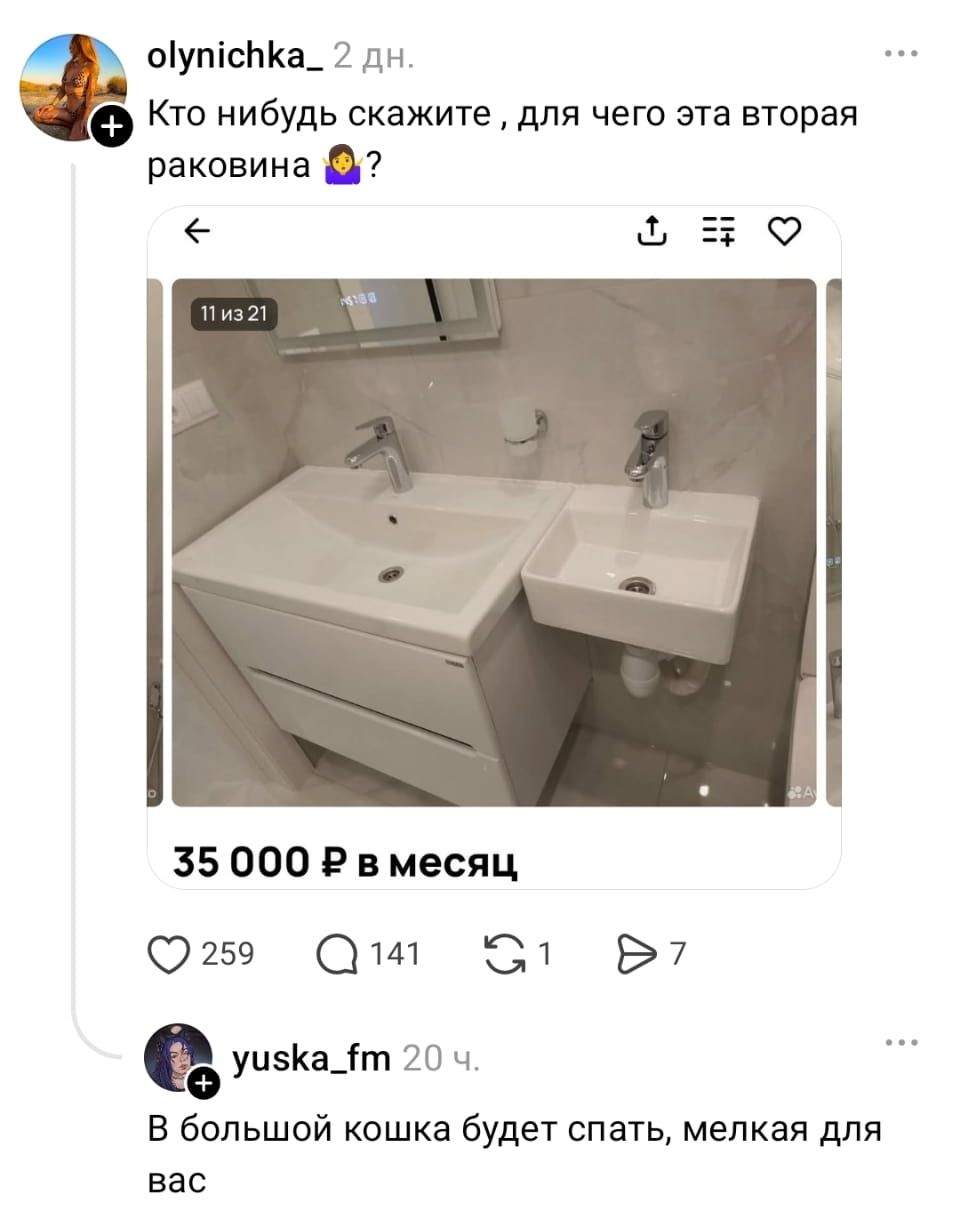 — Кто нибудь скажите, для чего эта вторая раковина? <br /> — В большой кошка будет спать, мелкая для вас. <br /><br /> Описание картинки: <br /> Переписки о ванной с двумя раковинами.