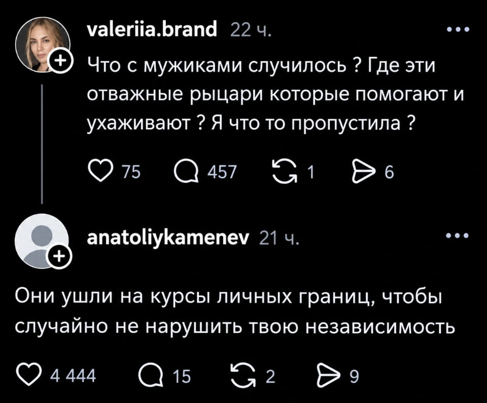 — Что с мужиками случилось? Где эти отважные рыцари, которые помогают и ухаживают? Я что-то пропустила?
— Они ушли на курсы личных границ, чтобы случайно не нарушить твою независимость.

Описание картинки:
Переписки в социальных сетях о мужчинах и их роли.