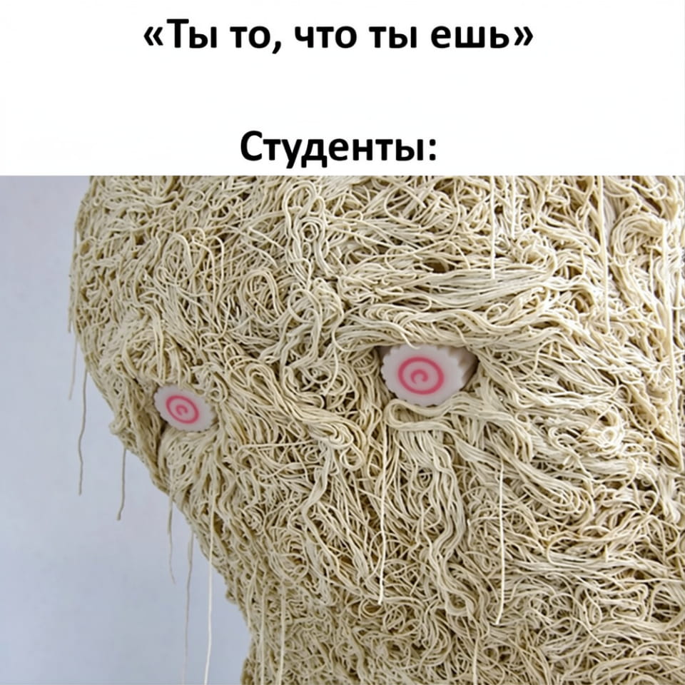 «Ты то, что ты ешь» Студенты

Описание картинки:
С фигурой, сделанной из макарон, с глазами из еды.
