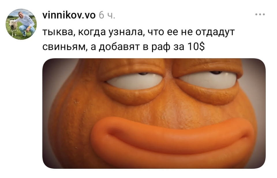 — Тыква, когда узнала, что её не отдадут свиньям, а добавят в раф за 10$. <br /><br /> Описание картинки: <br /> С улыбающейся тыквой, которая выглядит недовольной.