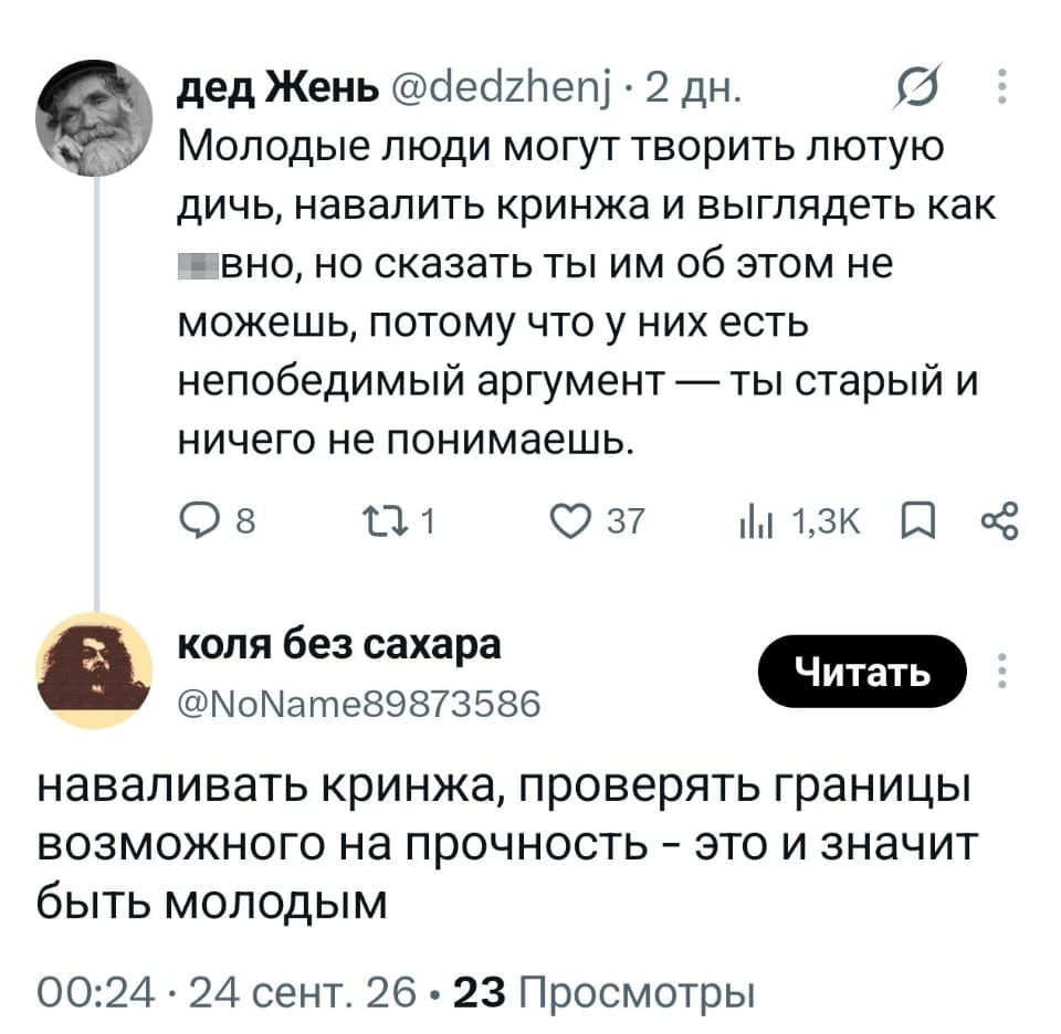 Молодые люди могут творить лютую дичь, навалить кринжа и выглядеть как г*вно, но сказать ты им об этом не можешь, потому что у них есть непобедимый аргумент — ты старый и ничего не понимаешь. <br /> — Наваливать кринжа, проверять границы возможного на прочность — это и значит быть молодым. <br /><br /> Описание картинки: <br /> Переписки о восприятии молодежной культуры.