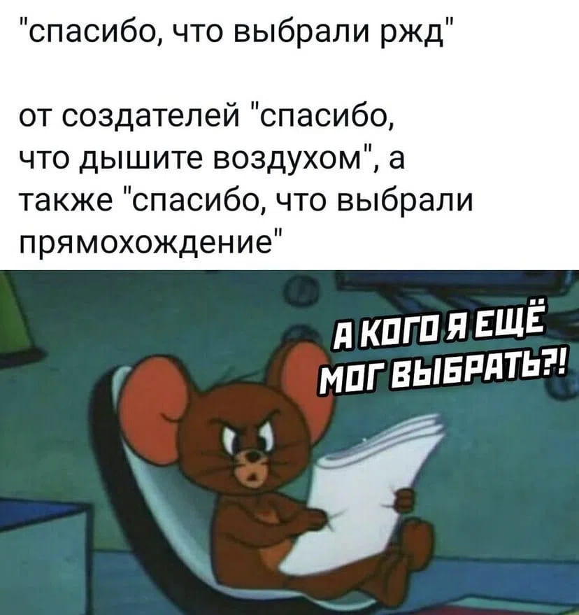 — «спасибо, что выбрали ржд» от создателей «спасибо, что дышите воздухом», а также «спасибо, что выбрали прямохождение» А кого я ещё мог выбрать!

Описание картинки:
Мультяшный персонаж читает газету с недовольным выражением.