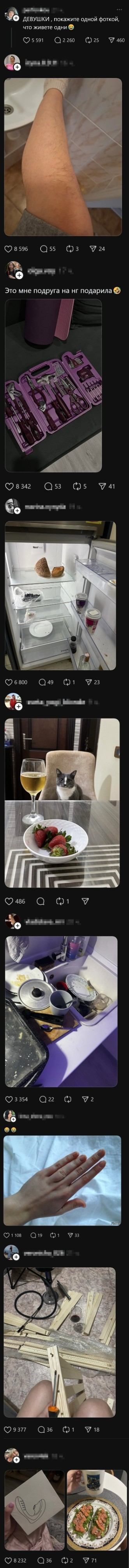 — Девушки, покажите одной фоткой, кто живёт один. 😅 Это мне подруга на НГ подарила. 😅 [Пустое место] [Пустое место] [Пустое место] [Пустое место] [Пустое место] [Пустое место] [Пустое место] [Пустое место] [Пустое место] [Пустое место] [Пустое место] [Пустое место]

Описание картинки:
Переписки с фото различных ситуаций.