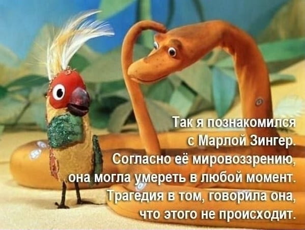 — Так я познакомился с Марлой Зингер. Согласно её мировоззрению, она могла умереть в любой момент. Трагедия в том, говорила она, что этого не происходит.

Описание картинки:
Мультяшные персонажи: птица и змея обсуждают жизнь.