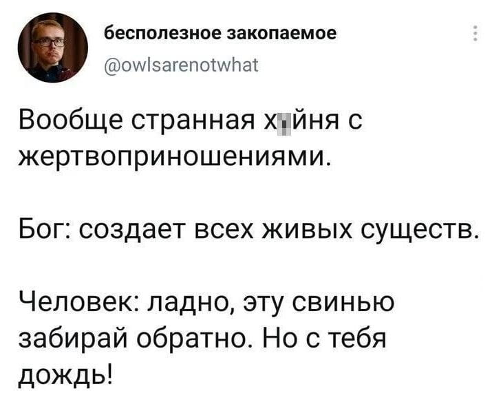 — Вообще странная х**ня с жертвоприношениями. <br /> — Бог: создает всех живых существ. <br /> — Человек: ладно, эту свинью забирай обратно. Но с тебя дожди! <br /><br /> Описание картинки: <br /> Текст о жертвах и божественном создании существ.