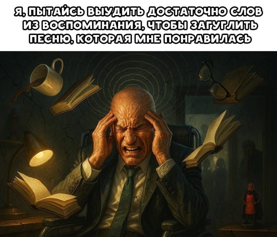 — Я, пытаюсь выудить достаточно слов из воспоминания, чтобы загуглить песню, которая мне понравилась.

Описание картинки:
Человек в костюме, страдающий от головной боли, окружённый книгами и предметами.