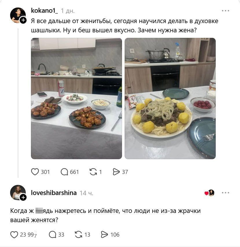 — Я всё дальше от женитьбы, сегодня научился делать в духовке шашлыки. Ну и беш вышел вкусно. Зачем нужна жена?
— Когда ж ***ядь нажрётесь и поймёте, что люди не из-за жрачки вашей женятся?

Описание картинки:
С двумя блюдами, приготовленными мужчиной, и комментариями.